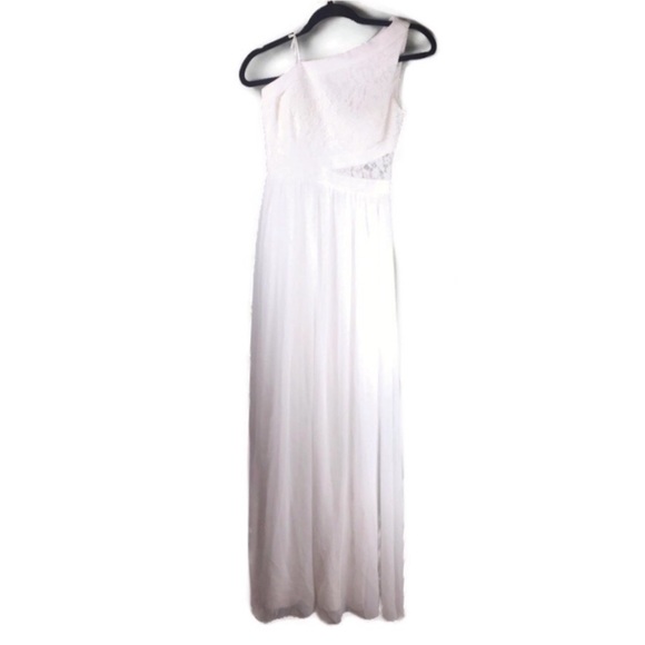 NWT Aidan Mattox Lace Peekaboo One Shoulder Chiffon Ivory Maxi Dress Size 0 - Picture 3 of 14